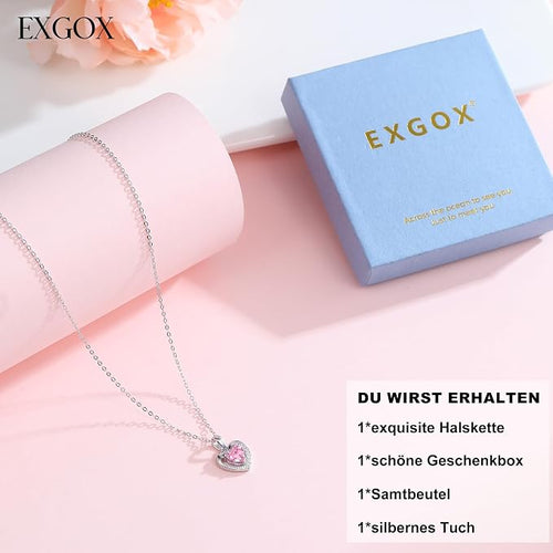 EXGOX Silver Heart Necklace, 925 Sterling Silver Chain with Crystal Heart for Women - Adjustable, Perfect for Birthday Gifts