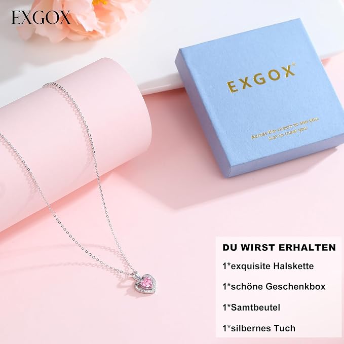 EXGOX Silver Heart Necklace, 925 Sterling Silver Chain with Crystal Heart for Women - Adjustable, Perfect for Birthday Gifts