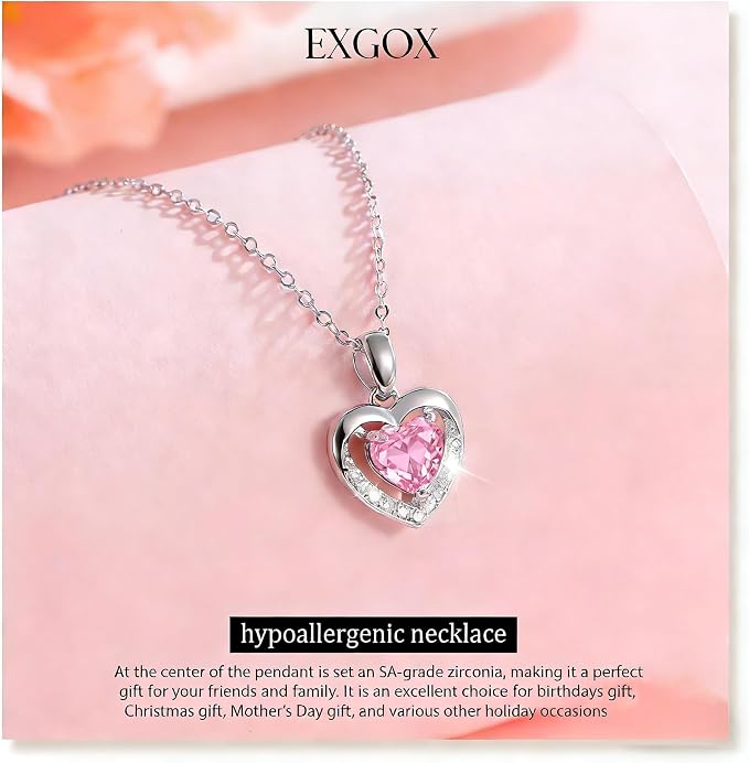 EXGOX Silver Heart Necklace, 925 Sterling Silver Chain with Crystal Heart for Women - Adjustable, Perfect for Birthday Gifts