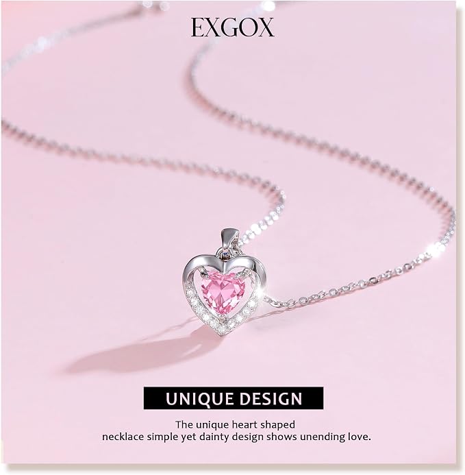 EXGOX Silver Heart Necklace, 925 Sterling Silver Chain with Crystal Heart for Women - Adjustable, Perfect for Birthday Gifts