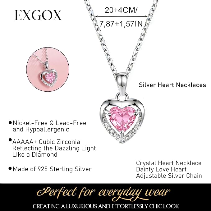 EXGOX Silver Heart Necklace, 925 Sterling Silver Chain with Crystal Heart for Women - Adjustable, Perfect for Birthday Gifts